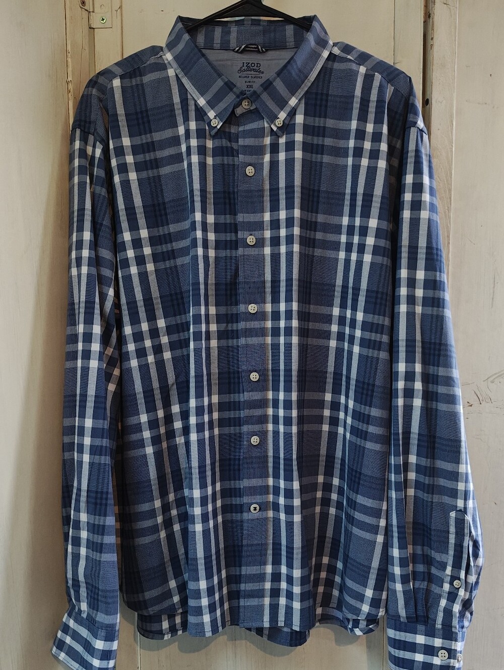 Izod Men's Navy and Light Blue Plaid Button-Down Shirt